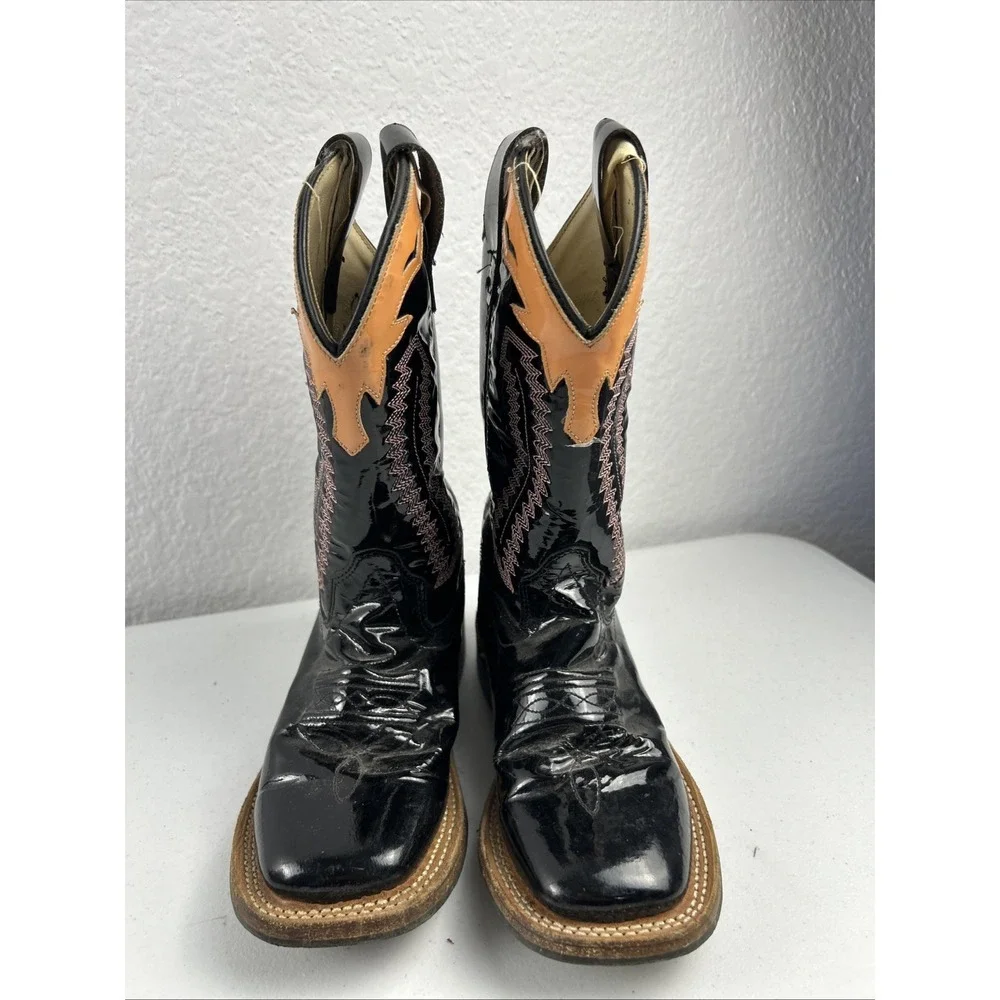 Boots Old West Cowboy Size‎ 13 Leather Youth BSC1843 Square Toe Black/Pink